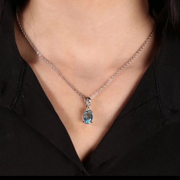 SILVER BLUE AQUAMARINE GEMSTONE WATERDROP NECKLACE - Picture 2 of 3